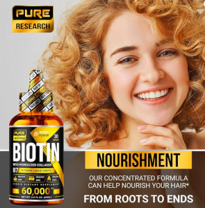 PURE RESEARCH Liquid Biotin & Collagen Hair Growth Drops 60,000mcg - Biotin and Liquid Collagen Supplement for Men & Women - Glowing Skin Support, Healthy Hair & Nail Growth